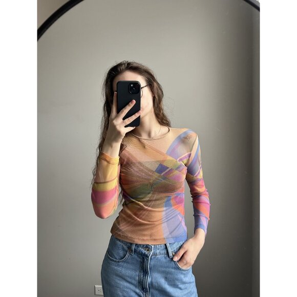Rainbow Mesh Long-Sleeve Sheer Top – Colorful See-Through Layering Shirt Festiva - Picture 7 of 7